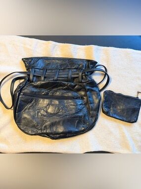 Vintage Y2K Black Leather Shoulder Bag Slouchy Patchwork Hobo Bag
